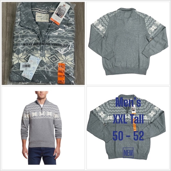 Men’s Weatherproof XXL Tall Quarter 1/4 Zip Sweater Gray White Holiday Snowflake - Picture 1 of 11